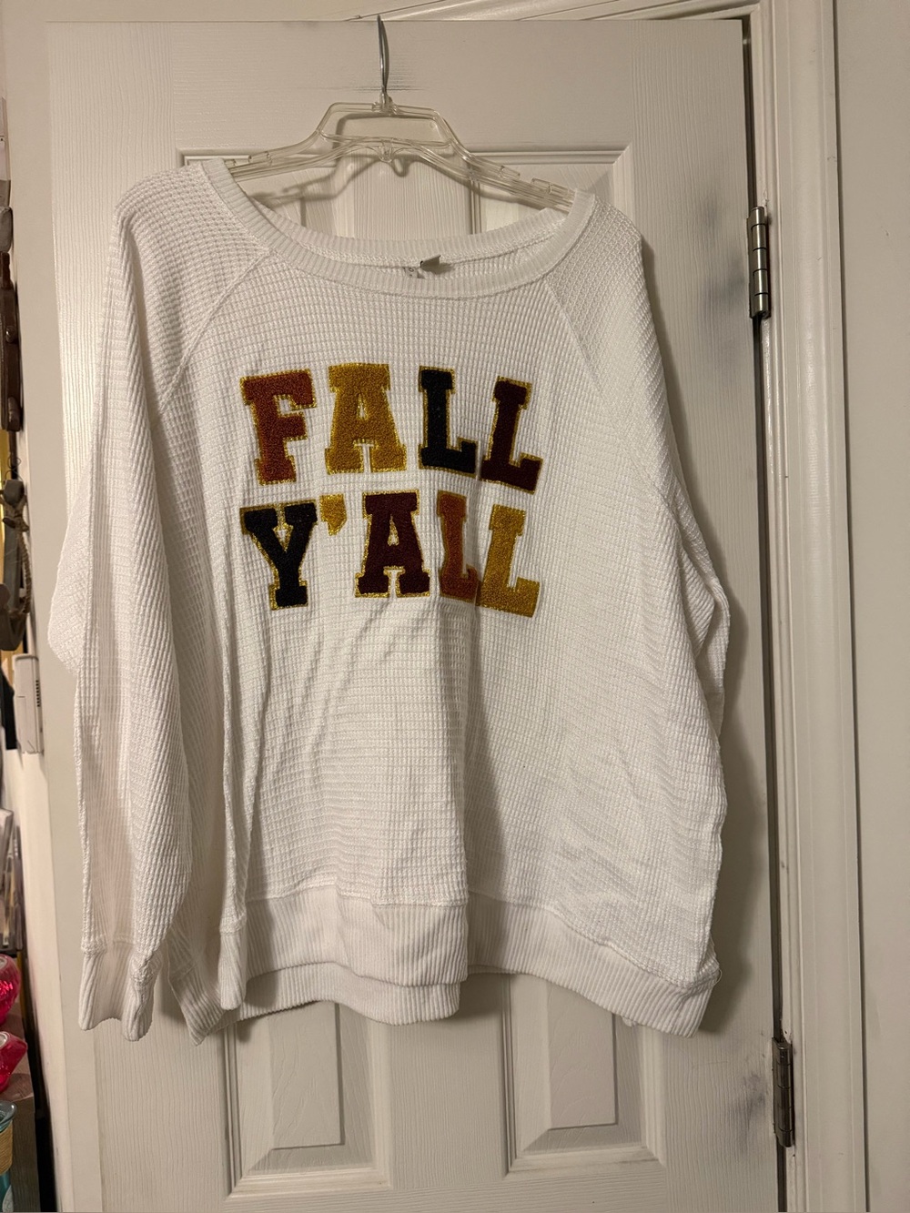 Cato White Waffle-Knit 'FALL Y'ALL' Sweatshirt with Gold & Brown Appliqué